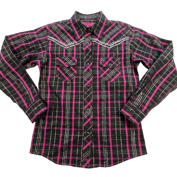 Cowgirl Hardware Other - Cowgirl Hardware Plaid Western Snap Shirt Girls L 10 12 Bling Pink Black Silver